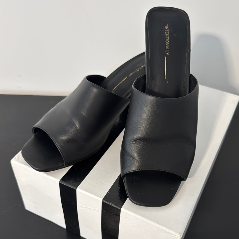 Intentionally Blank Black Leather Block Heel Mules